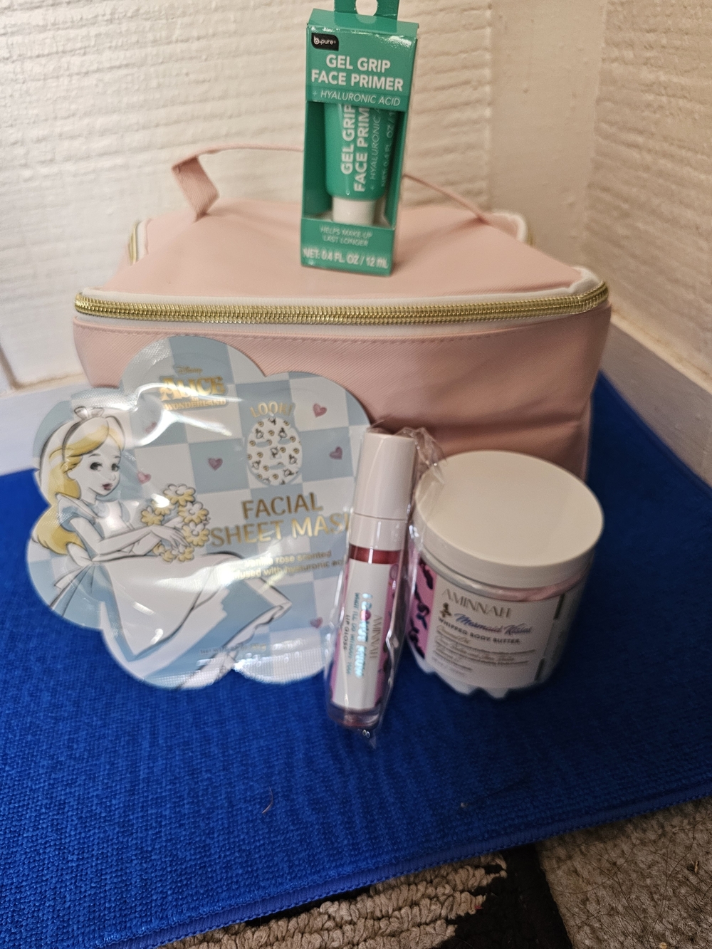 Pink Cosmetic Travel Bag with Aminnah Skincare & Lip Gloss Set